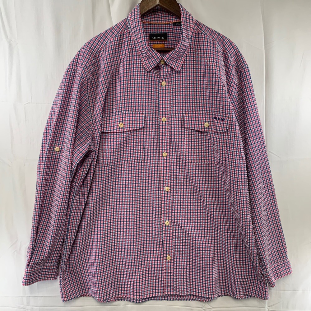 Orvis Button Up Shirt Mens XXL Pink Blue Gingham Seersucker Active Fit